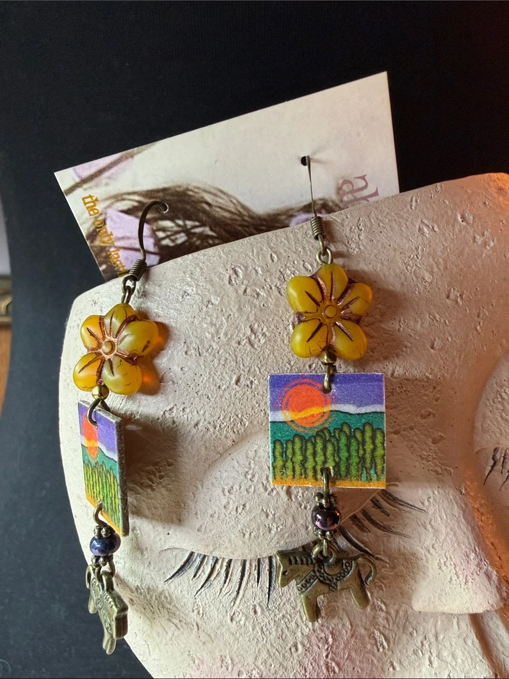 Handmade Yellow Flower Sunset Landscape horse artboard Dangle Earrings
